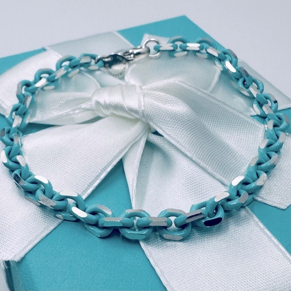 RARE Tiffany & Co. Blue Enamel Sparkle Chain Bracelet Sterling Silver with Case - Picture 3 of 10
